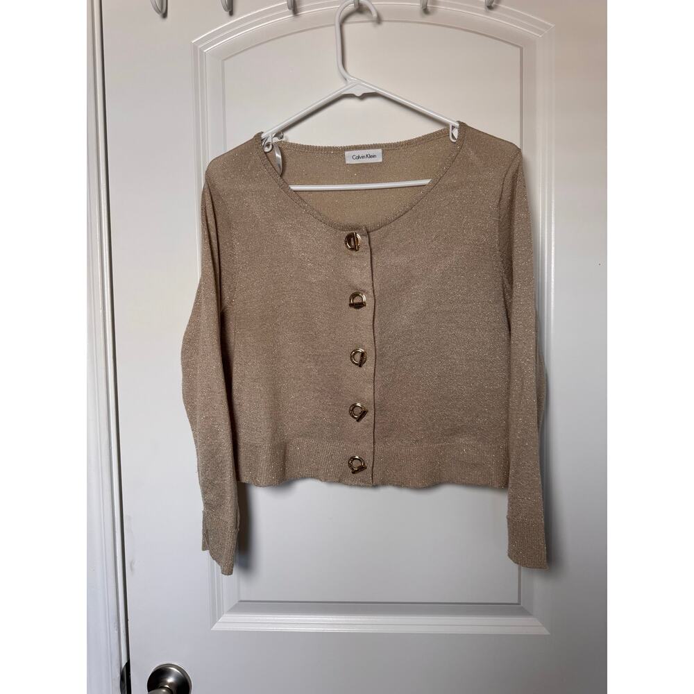 Calvin Klein Womens Gold Metallic Shimmer Cardigan Sweater Toggle Hardware L - Picture 6 of 11